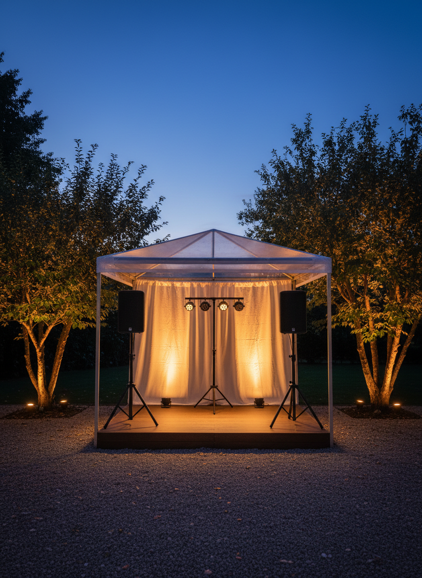 A refined outdoor event setup at twilight, focusing on a compact, weather-protected audio and lighting arrangement on a small raised platform. Two matte black full-range speakers are mounted on slim stands, flanking a minimalist lighting stand with four LED PAR fixtures casting a soft, warm wash over a light-colored backdrop. Subtle path uplights illuminate nearby trees, their leaves catching gentle amber highlights. The sky is a deepening blue, providing natural contrast to the warm artificial light. Photographic realism with a slightly wide, eye-level composition, capturing the quiet professionalism, reliability, and aesthetic harmony of outdoor audio and lighting solutions for intimate gatherings.