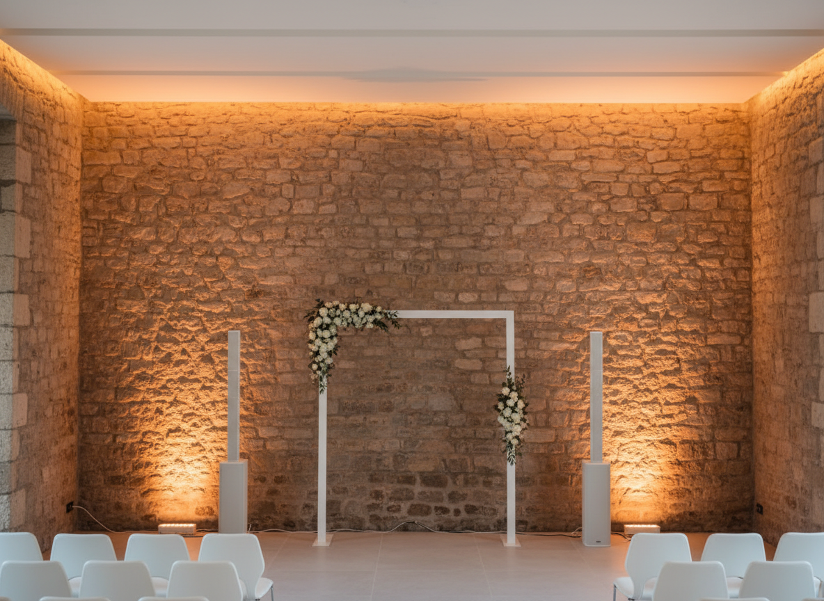 An elegant ceremony setup in a refined interior venue, showcasing a minimalistic audio and lighting arrangement. Two slim, matte white column speakers stand symmetrically on either side of a simple white arch, while compact uplights at the base project a warm amber wash onto a textured stone wall. Cables are carefully hidden, emphasizing a clean, uncluttered look. Soft, golden ambient lighting from concealed fixtures blends with the focused uplighting to create a serene, intimate mood. Photographic realism, shot from a slightly elevated angle to capture the full symmetry and depth of the space, emphasizing discretion, refinement, and high-quality sound and light service for ceremonies.