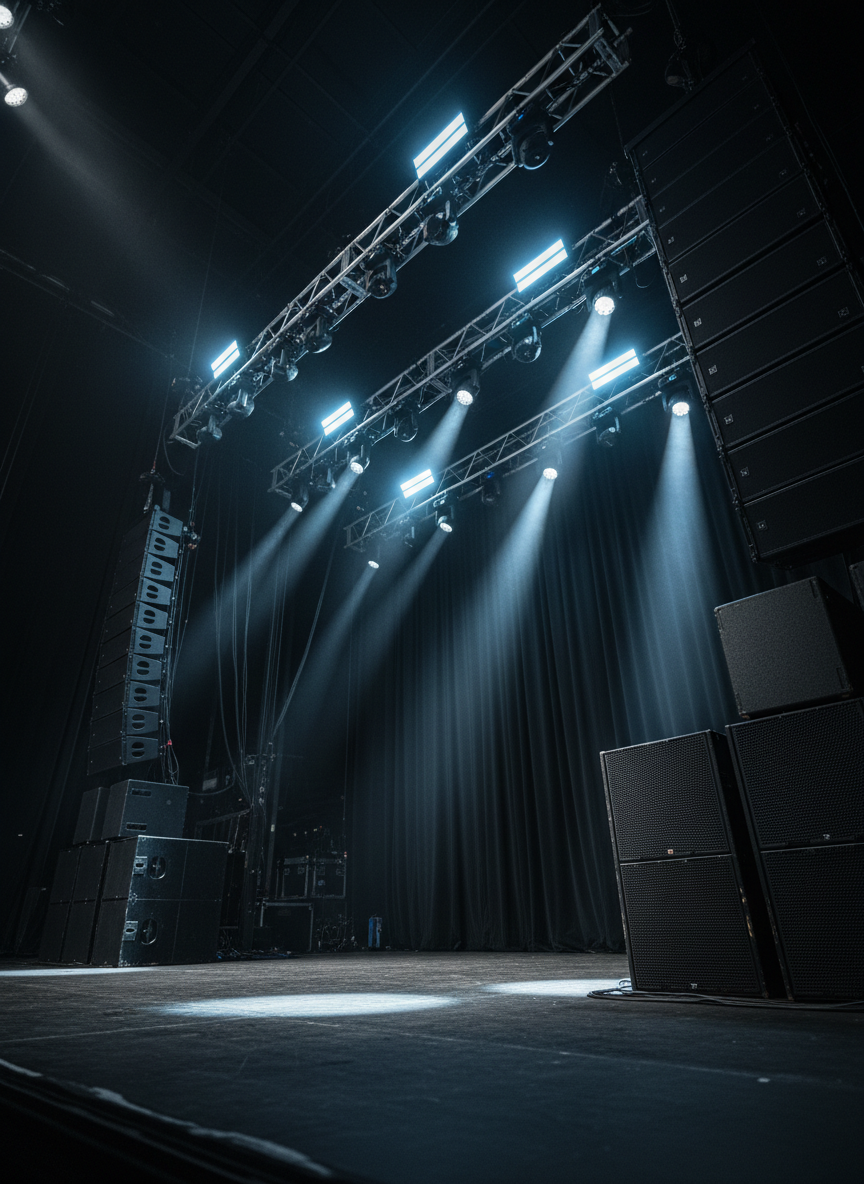A dynamic concert stage scene frozen in preparation, with robust black subwoofers stacked beneath tall line-array towers flanking the stage, and an intricate rig of moving head spotlights and LED beams mounted on overhead trusses. The stage floor is matte black with subtle scuffs, reflecting sharp white and deep blue beams that cut through a fine haze. Backdrop curtains absorb light, creating contrast with the glowing fixtures. The lighting is dramatic and directional, with strong highlights on speaker grilles and metal hardware. Photographic realism, captured from a low-angle, wide shot that emphasizes power, scale, and the technical sophistication of professional audio and lighting for live concerts.