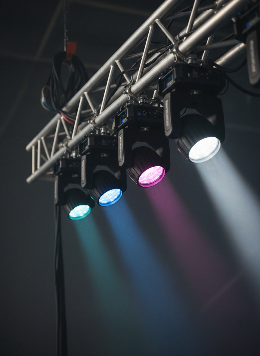 A close-up, detail-rich shot of a professional lighting rig suspended from a sleek aluminum truss, featuring multiple compact moving head fixtures with glossy black housings and crystal-clear lenses. Each unit emits a different soft-colored beam—cool blue, deep magenta, and pure white—aimed toward an unseen stage, creating intersecting cones of light through a faint atmospheric haze. The background fades into darkness, with only hints of cabling and rigging hardware visible. Controlled, high-contrast lighting emphasizes the precision engineering and clean cable management. Photographic realism with a shallow depth of field, captured from a slightly low side angle, conveying a modern, technical, and meticulously organized lighting service.