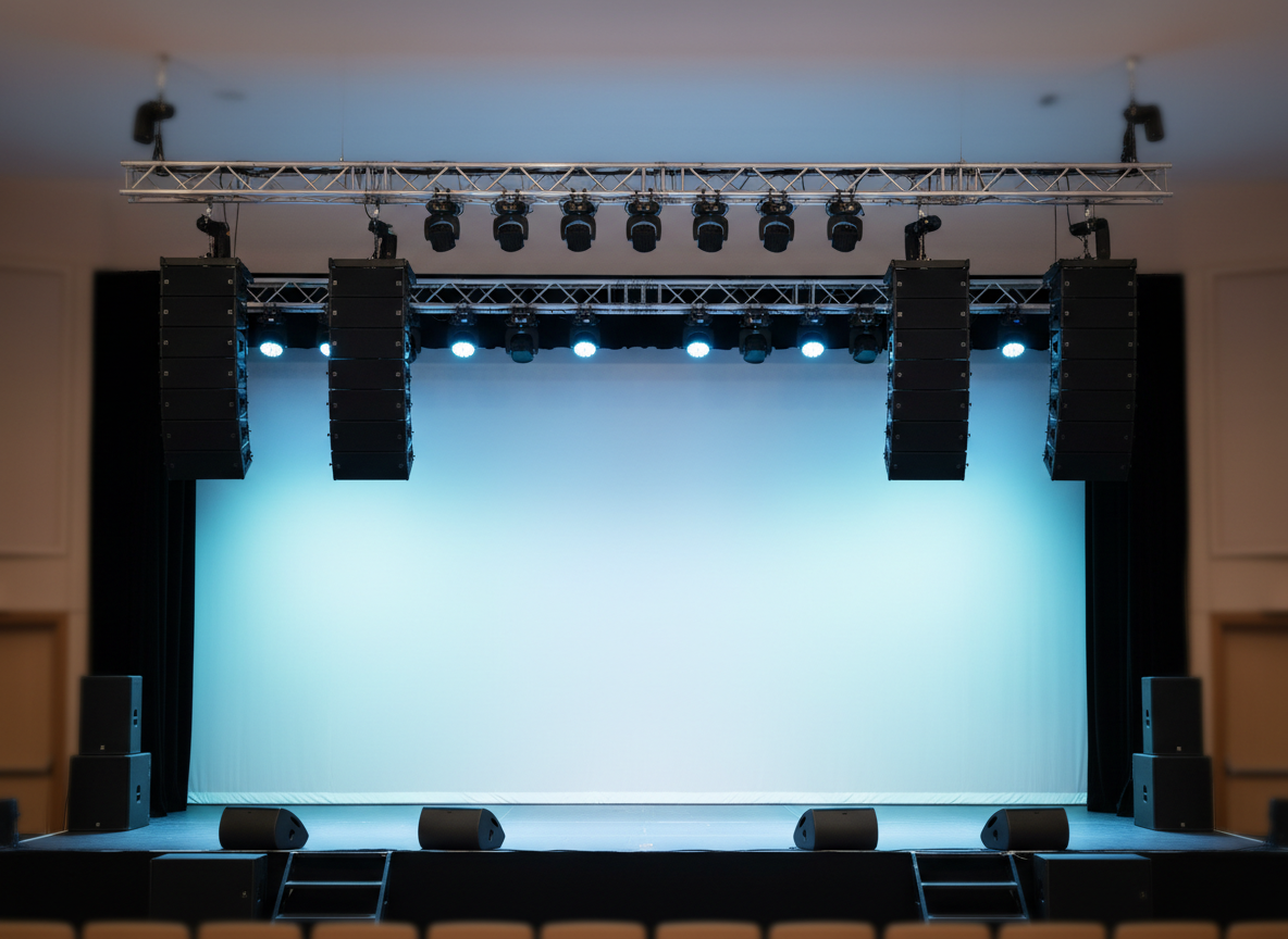 A medium-sized indoor stage fully set up for a corporate event, featuring an array of matte black line-array speakers suspended from polished aluminum trusses and a row of precisely aligned LED wash lights casting a cool blue gradient on a pristine white backdrop. At stage level, sleek black floor monitors and discreet subwoofers frame a central open space. Soft, controlled front lighting highlights the stage edges while the auditorium beyond falls into a gentle blur. Photographic realism with a balanced, wide-angle composition, clean lines, and a professional, organized atmosphere that conveys high-end audio and lighting solutions for events and presentations.